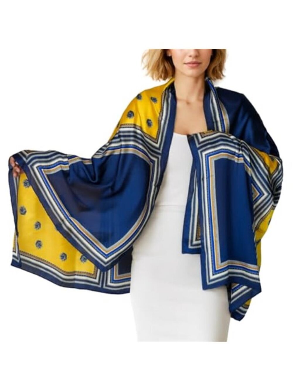 Elegant Blue & Yellow Satin Scarf Shawl Floral Satin Scarf Trendy Silky